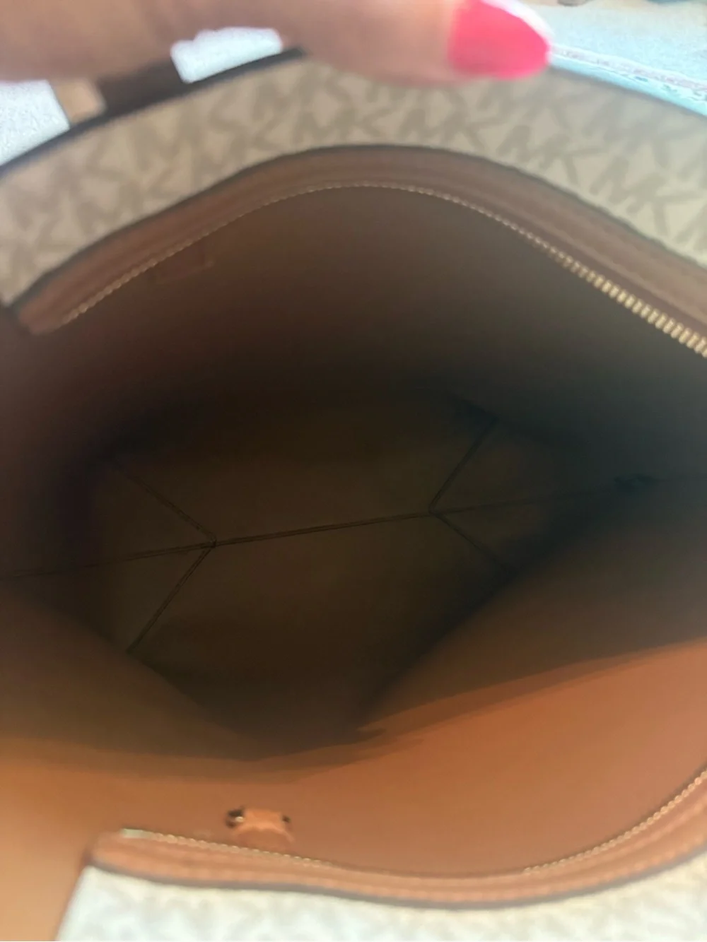 Michael Kors Beige Signature MK Logo Tote with Brown Leather Straps